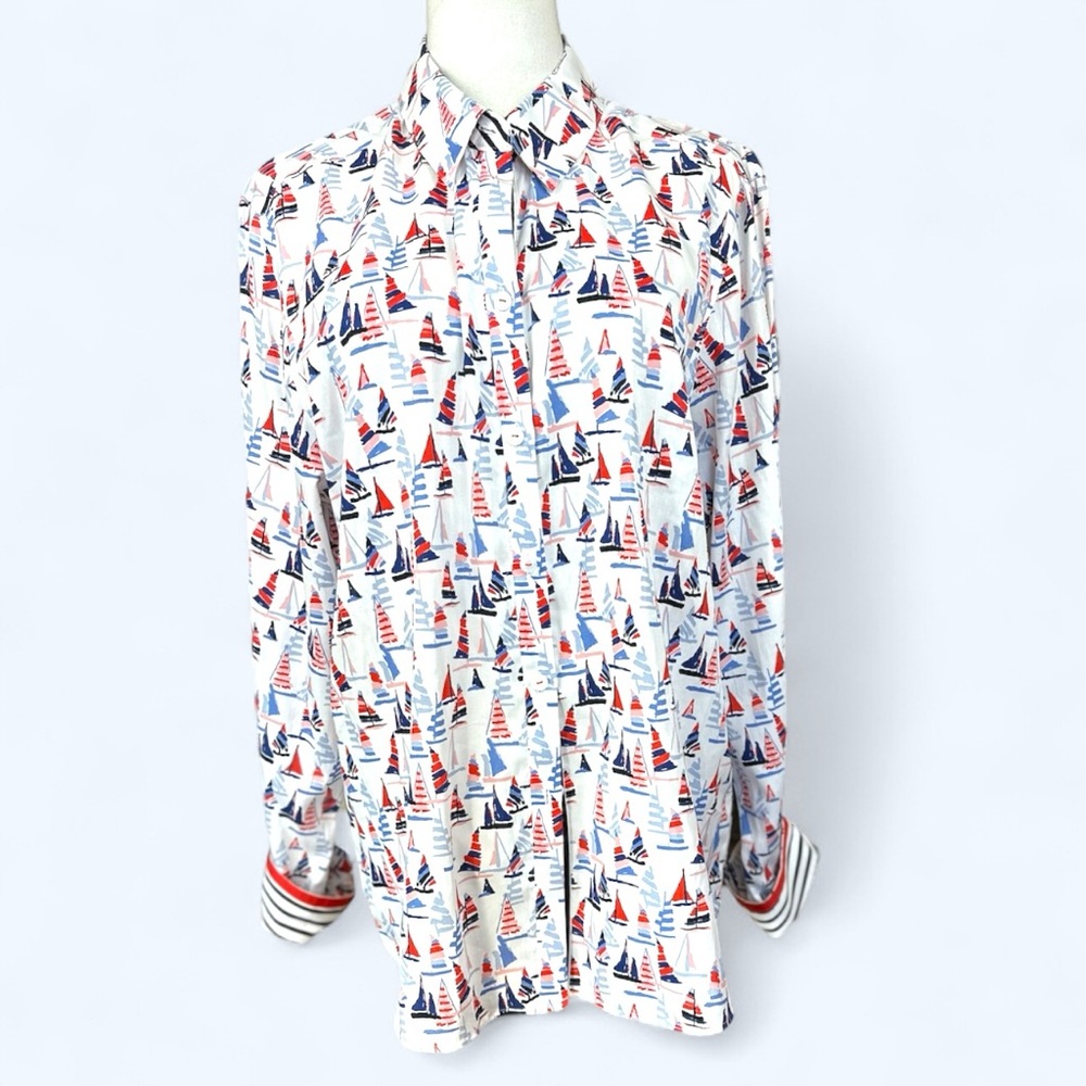 Foxcroft SZ 18 shaped White, Red and Blue‎ sailboat Casual Button Down Shirt